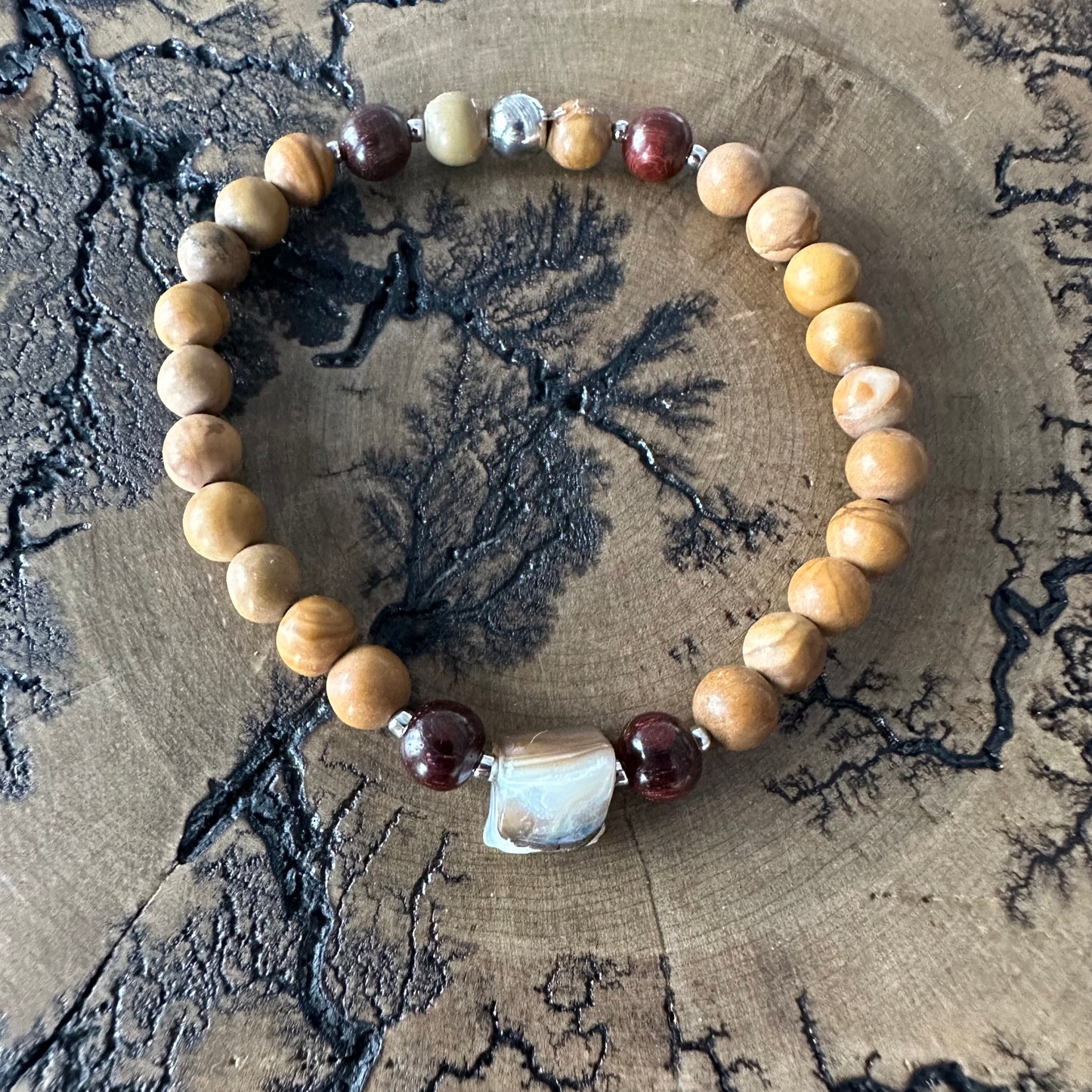 Gold Lace Agate, Sandwood,& Mother of Pearl with Stainless Steel Accents