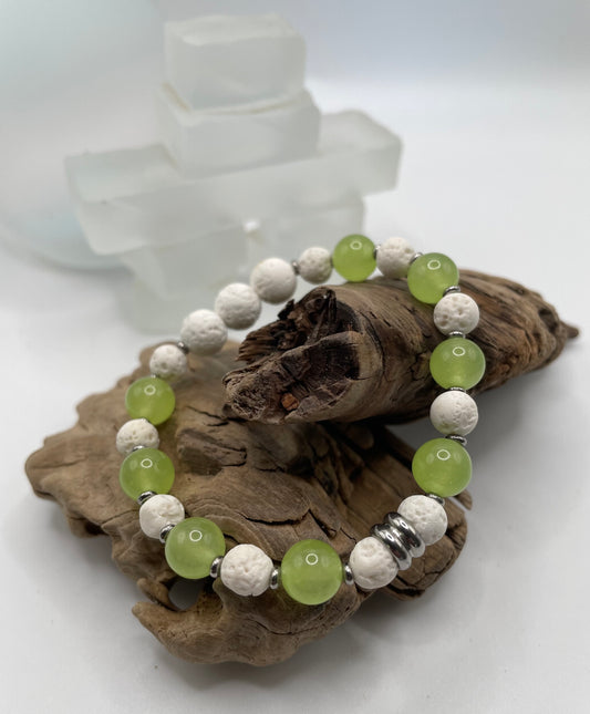 Light Green Jade & White Lava Rock with Stainless Steel Accents